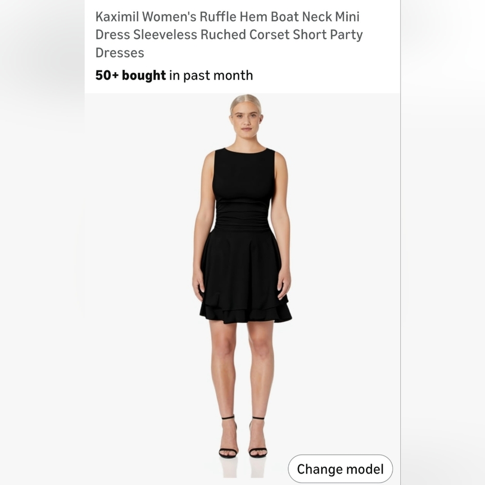Black Sleeveless Ruffle Hem Boat Neck Mini Dress. W-63